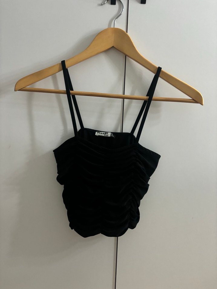 Kadın Siyah Büzgülü Askılı Mini Büstiyer - Görsel 2