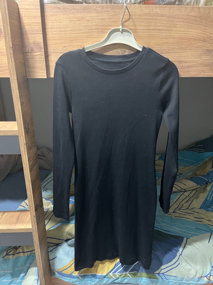 Uzun Kollu Siyah Midi Elbise 35/80 esnek - Görsel 3