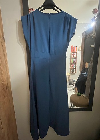 Lacivert V Yakalı Midi Uzun Elbise - Görsel 4