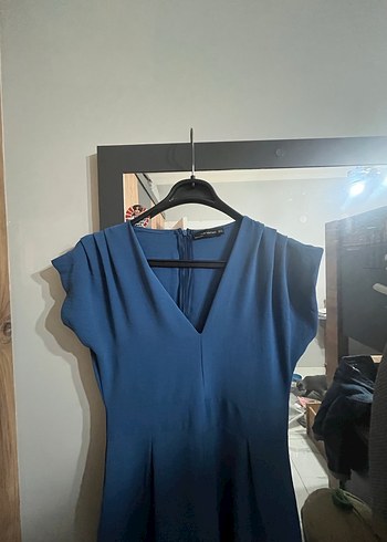 Lacivert V Yakalı Midi Uzun Elbise - Görsel 2