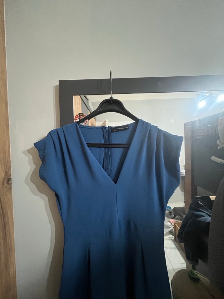 Lacivert V Yakalı Midi Uzun Elbise - Görsel 2