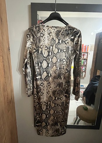 Yılan Desenli Uzun Kol Kahverengi Elbise - Görsel 3