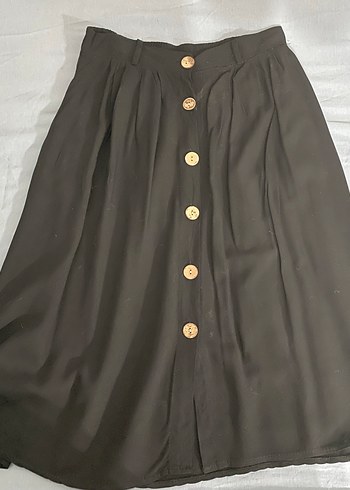 Düğmeli Siyah Keten Uzun Etek 60 cm kemeri mevcut