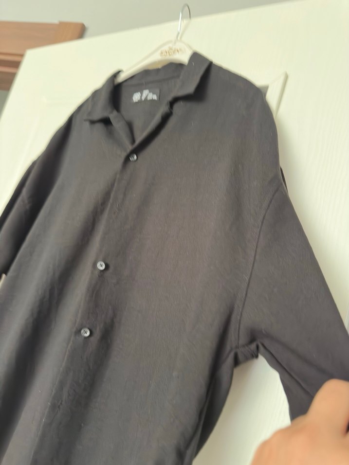 Siyah Keten Erkek Gömlek, Kısa Kollu, Salaş - Görsel 3