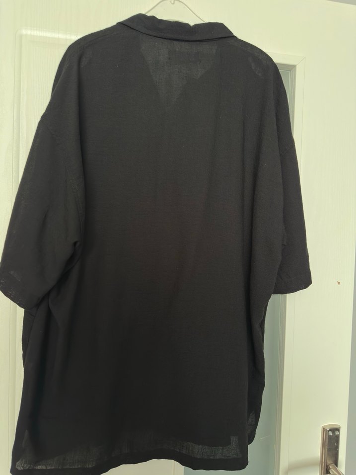 Siyah Keten Erkek Gömlek, Kısa Kollu, Salaş - Görsel 4