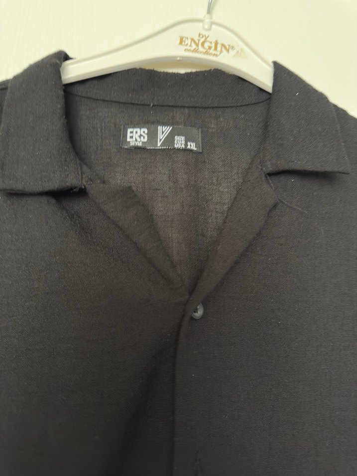 Siyah Keten Erkek Gömlek, Kısa Kollu, Salaş - Görsel 2