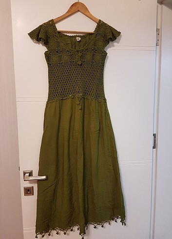 Etnik elbise yağ yeşili M beden