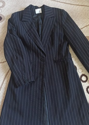 Düğmeli Siyah Çizgili Kadın Uzun Ceket yeni - Görsel 2