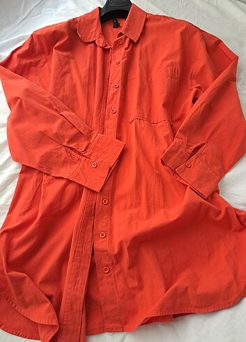 Oversize fit poplin uzun kollu 0 pamuk turuncu gömlek 