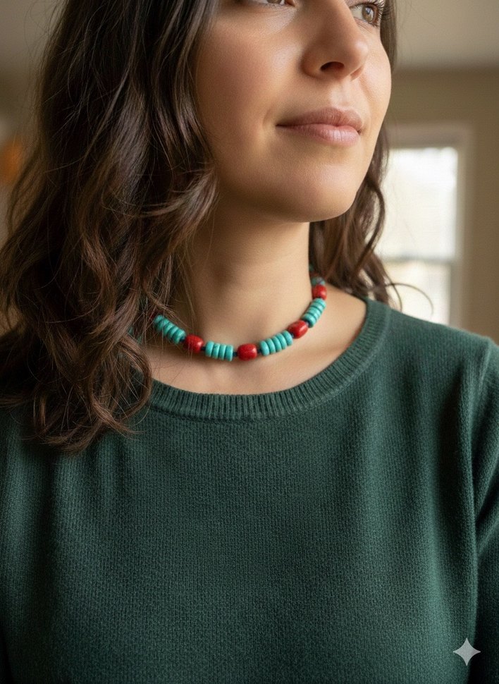 Uzun Turkuaz ve mercan Boncuklu Bohem Kolye - Görsel 2