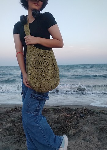  Beden Fıstık Yeşili Örgü Kadın Çanta/ Çapraz Büyük Çanta