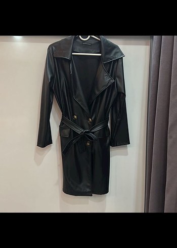 Uzun Siyah Deri Kadın Ceket - Görsel 2