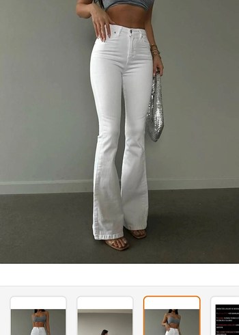 Kadın beyaz İspanyol paça kot pantolon - Görsel 3