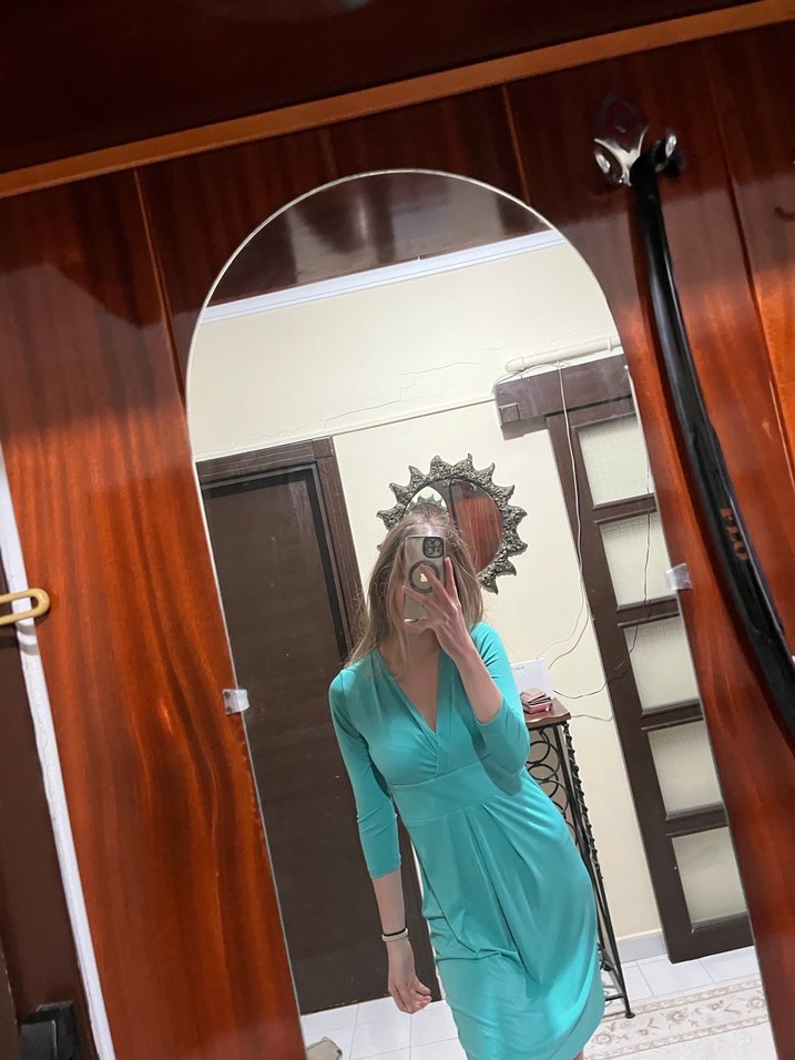 Turkuaz V Yaka Kadın Elbise - Görsel 2