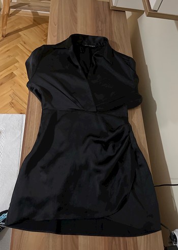 Saten Siyah V Yaka Mini Elbise - Görsel 2