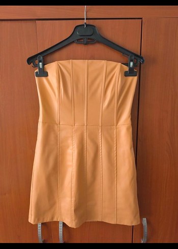 Bej Deri Mini Straplez Elbise - Görsel 2