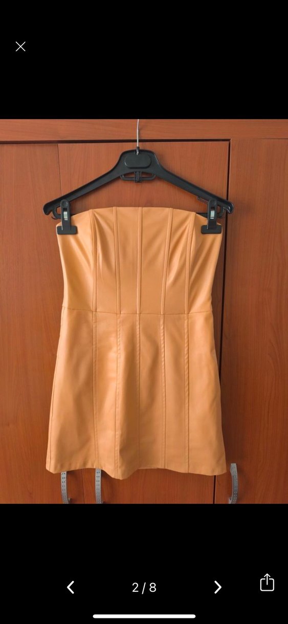 Bej Deri Mini Straplez Elbise - Görsel 2