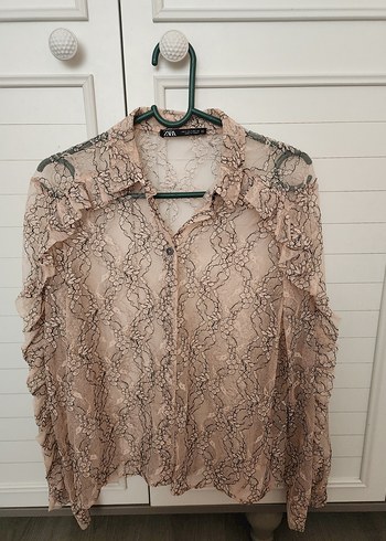 Bej Dantel Detaylı Uzun Kollu Kadın Gömlek - Görsel 2