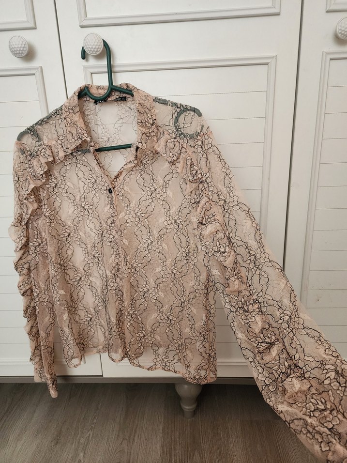 Bej Dantel Detaylı Uzun Kollu Kadın Gömlek - Görsel 4