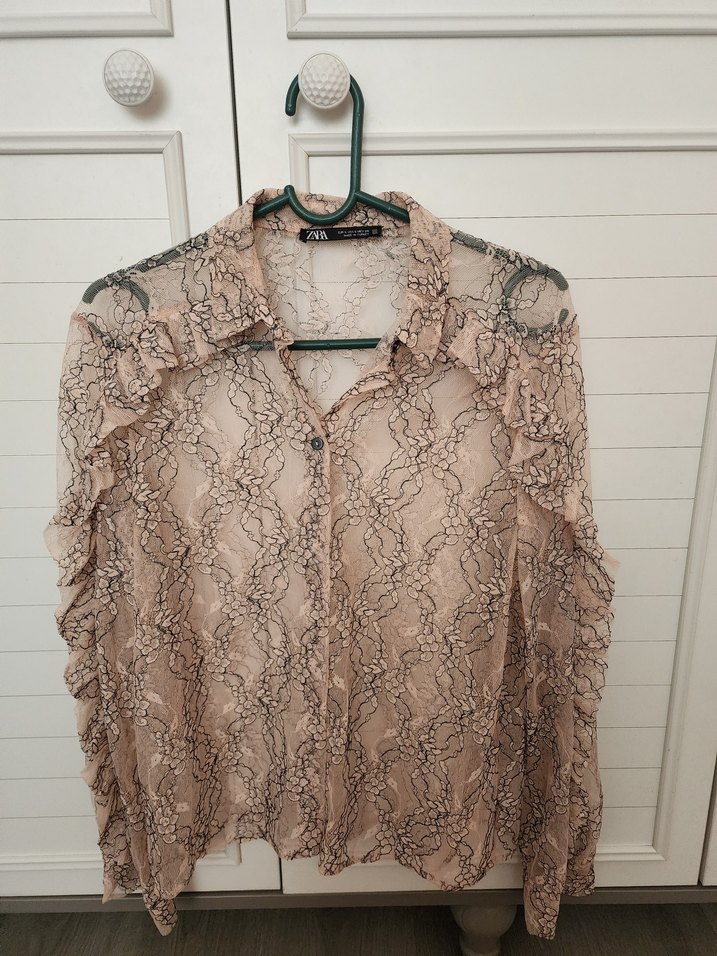 Bej Dantel Detaylı Uzun Kollu Kadın Gömlek - Görsel 2