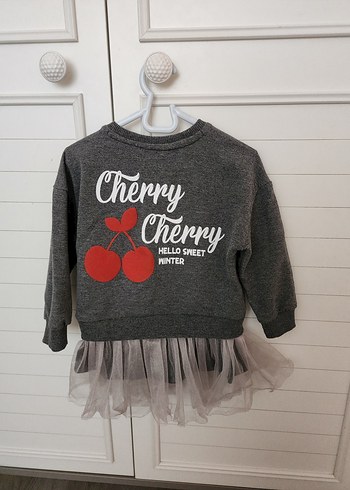 Kız Çocuk Gri Uzun Kollu Tül Detaylı Elbise - Görsel 2