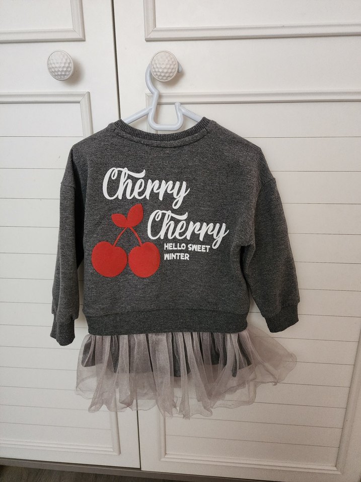 Kız Çocuk Gri Uzun Kollu Tül Detaylı Elbise - Görsel 2