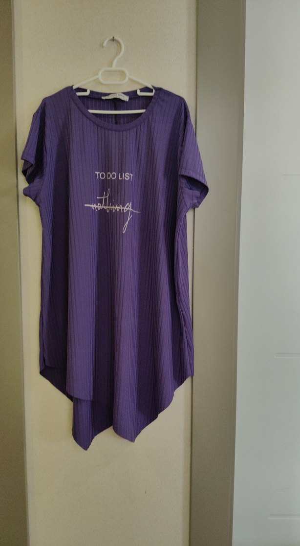 Mor, Kısa Kollu, Bol Kesim Tişört - Görsel 2