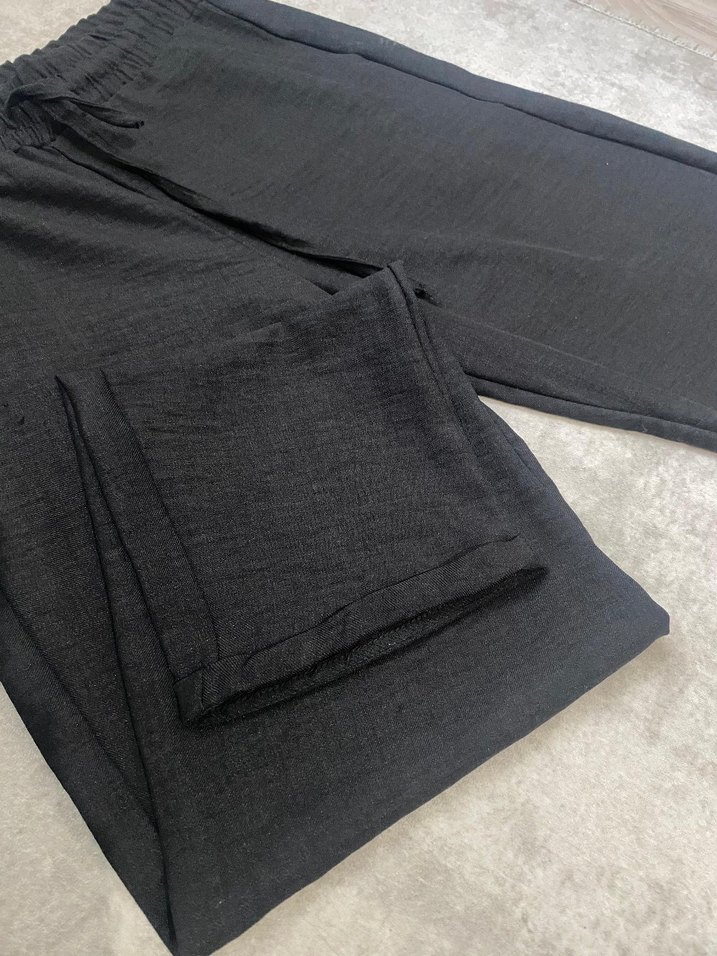 Siyah Rahat Kesim Keten Kadın Pantolon - Görsel 2