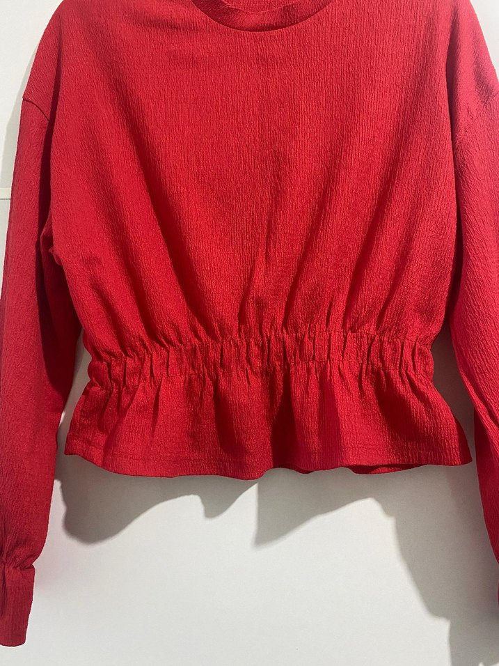 Kırmızı Keten Kadın Uzun Kollu Fırfırlı bluz - Görsel 2