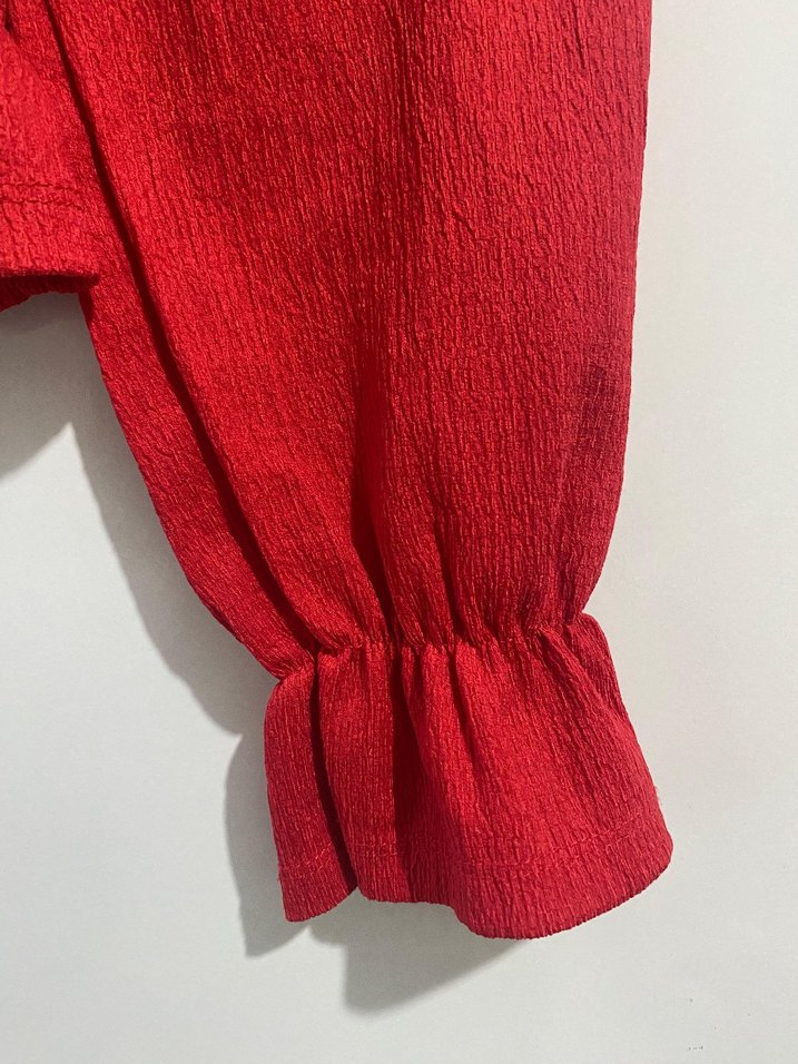 Kırmızı Keten Kadın Uzun Kollu Fırfırlı bluz - Görsel 3
