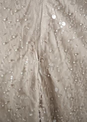 Krem Renk V Yakalı Uzun Kollu Abiye Elbise - Görsel 2