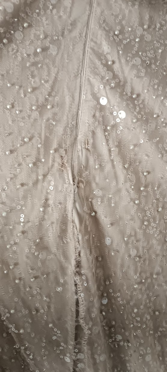 Krem Renk V Yakalı Uzun Kollu Abiye Elbise - Görsel 2