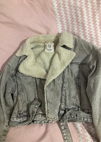 s Beden Gri Tüylü Cep Detaylı Salaş Denim Ceket