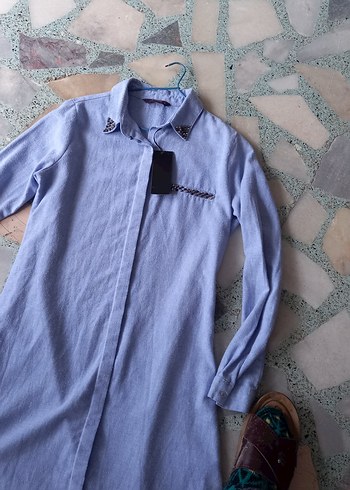 Uzun Kollu Gri Mavi Keten Kadın Gömlek - Görsel 2