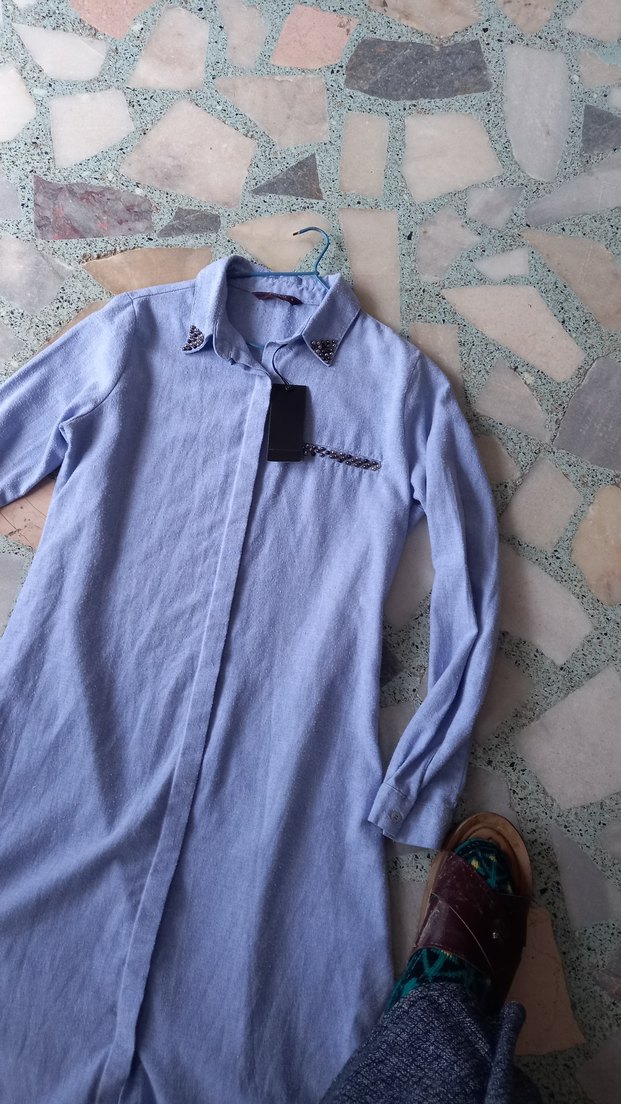 Uzun Kollu Gri Mavi Keten Kadın Gömlek - Görsel 2