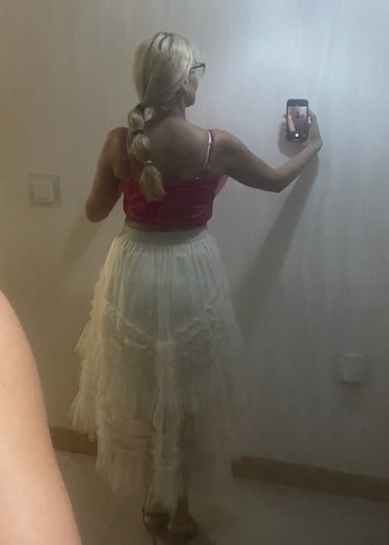 Kayısı rengi Uzun Fırfırlı Asimetrik Tül Etek - Görsel 16