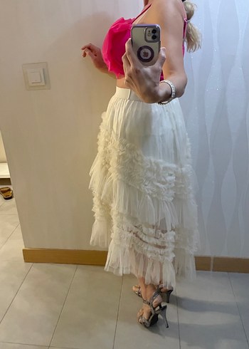 Kayısı rengi Uzun Fırfırlı Asimetrik Tül Etek - Görsel 3