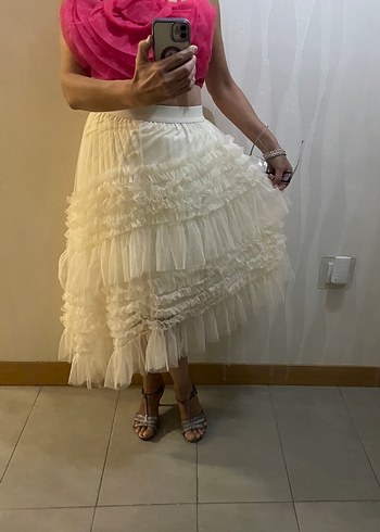 Kayısı rengi Uzun Fırfırlı Asimetrik Tül Etek - Görsel 17