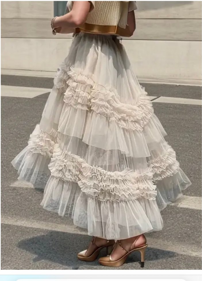 Kayısı rengi Uzun Fırfırlı Asimetrik Tül Etek - Görsel 4