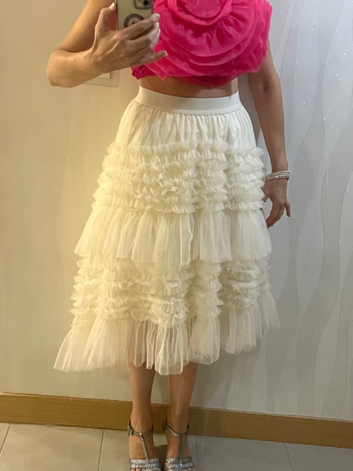 Kayısı rengi Uzun Fırfırlı Asimetrik Tül Etek - Görsel 2