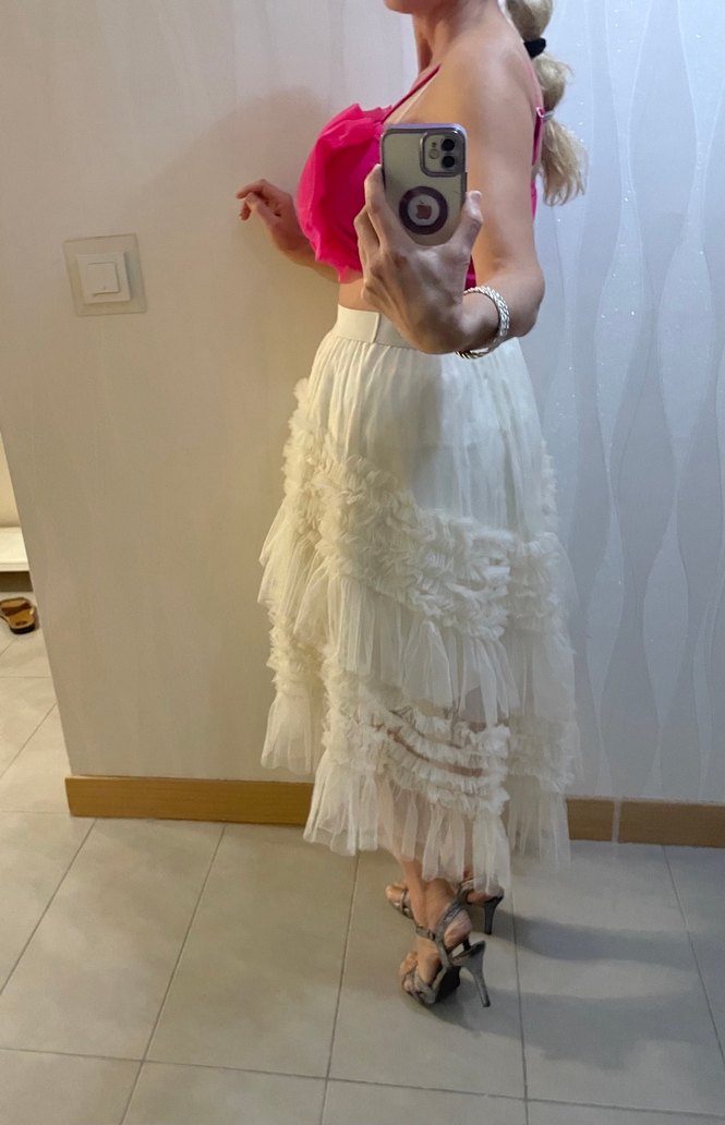 Kayısı rengi Uzun Fırfırlı Asimetrik Tül Etek - Görsel 3