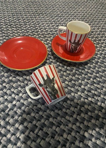 Porland Kırmızı Çizgili 2'li Kahve Fincanı ve Tabağı - Görsel 2