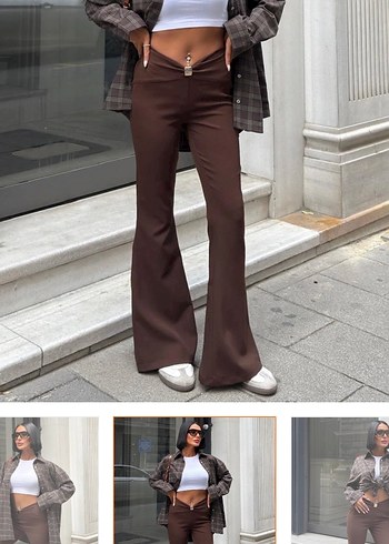 Düğmeli Koyu Kahverengi Kadın Kumaş Pantolon - Görsel 2