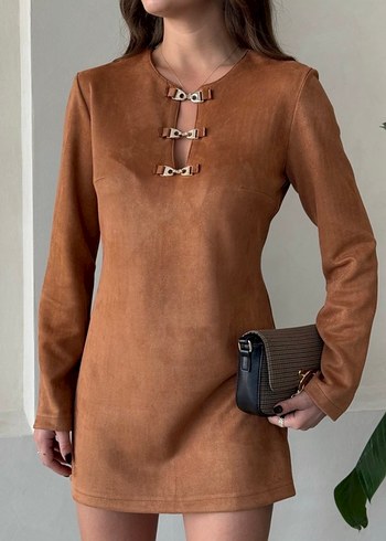 Kadın Kahverengi Süet Mini Elbise - Görsel 2