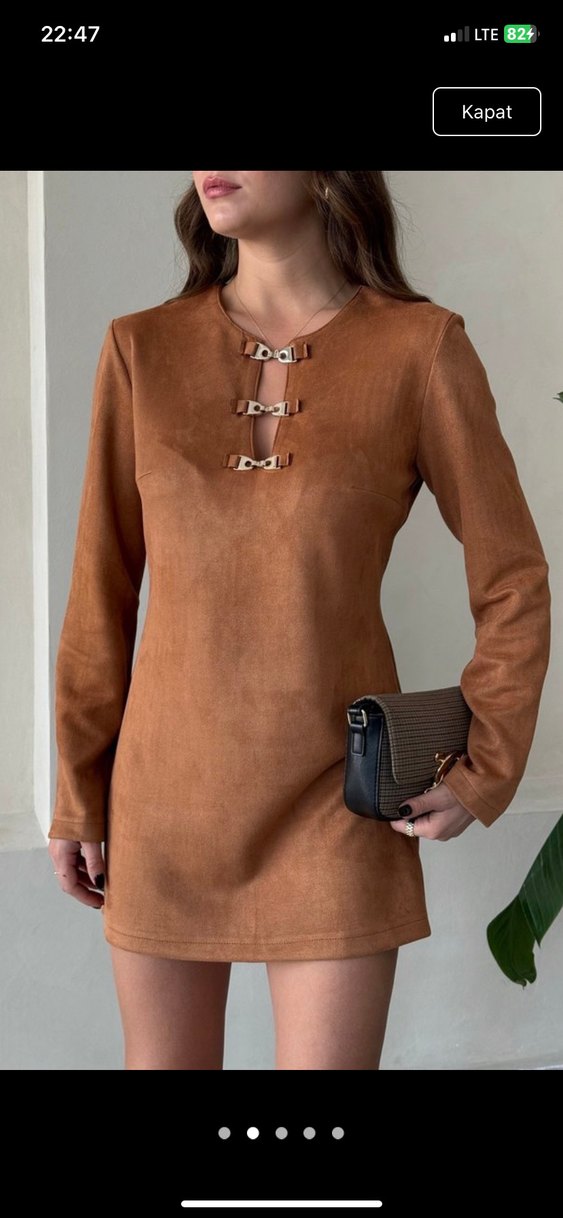 Kadın Kahverengi Süet Mini Elbise - Görsel 2