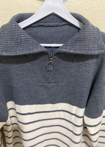 Gri Çizgili Örgü Kadın Kazak - Görsel 4