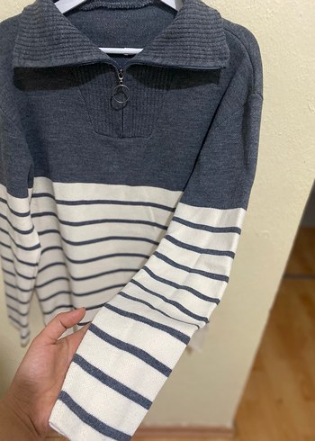 Gri Çizgili Örgü Kadın Kazak - Görsel 3