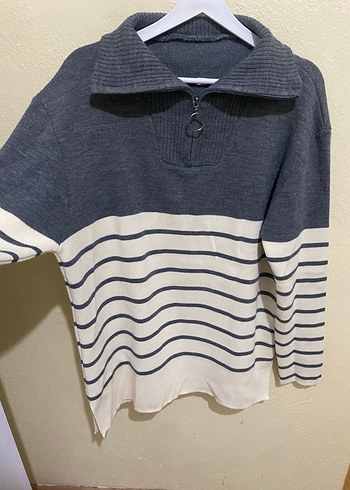 Gri Çizgili Örgü Kadın Kazak - Görsel 5