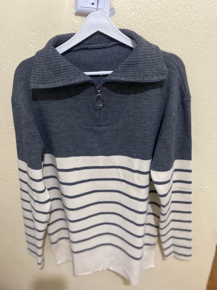 Gri Çizgili Örgü Kadın Kazak - Görsel 2