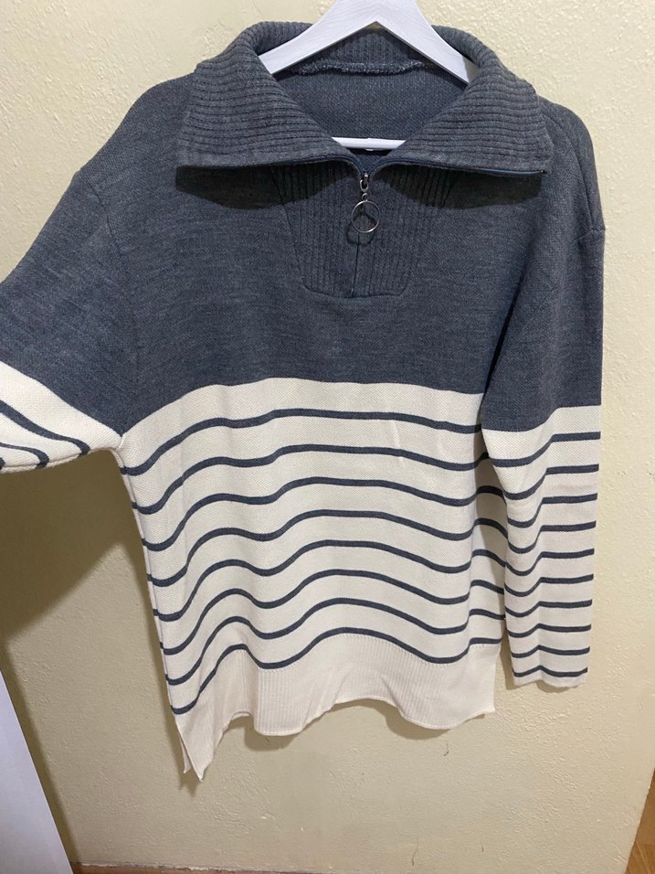 Gri Çizgili Örgü Kadın Kazak - Görsel 5